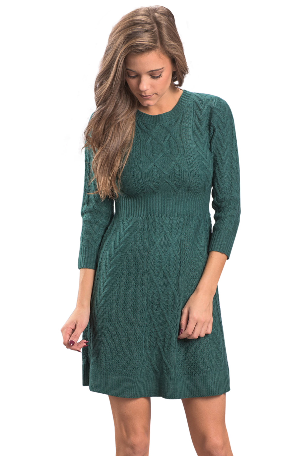 BY27692-9 Green Cable Knit Fitted Sweater Dress